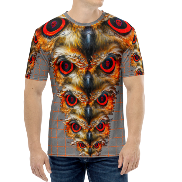 Owl Eyes See Skull  Hypnotic Squares with Orange AOP T-shirt - SkySkull Art