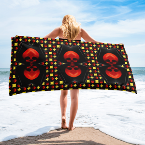 Yellow Warning Up Down Skulls  Beach Towel - SkySkull Art