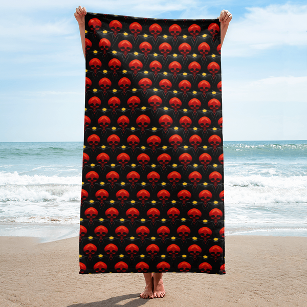 Pattern Grid Skulls Yellow Spots  Beach Towel - SkySkull Art