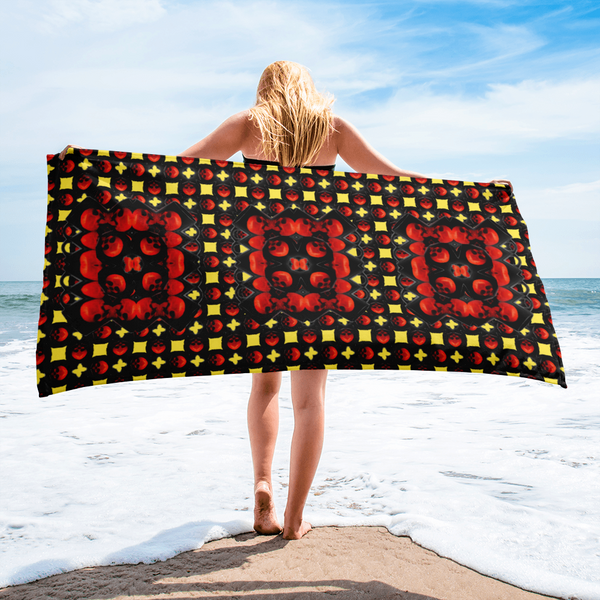 Yellow Warning Plate X Skulls  Beach Towel - SkySkull Art