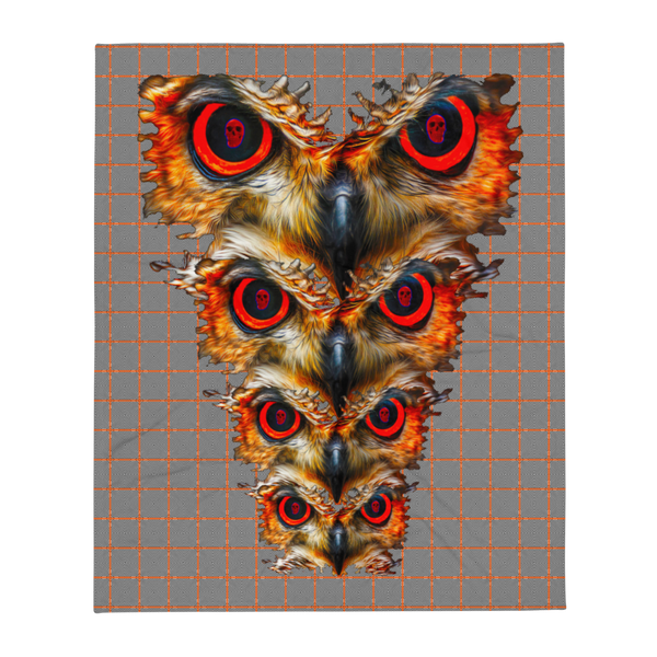 Owl Eyes See Skull on  Hypnotic Squares with Orange Pattern Throw Blanket - SkySkull Art