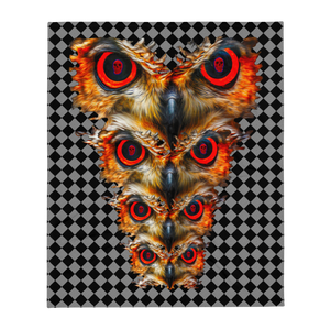 Owl Eyes See Skull on Black Hypnotic Checkered Pattern Throw Blanket - SkySkull Art