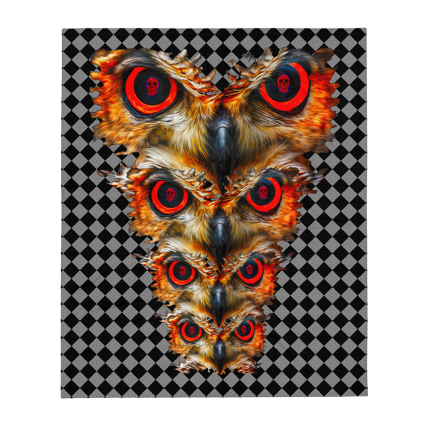 Owl Eyes See Skull on Black Hypnotic Checkered Pattern Throw Blanket - SkySkull Art