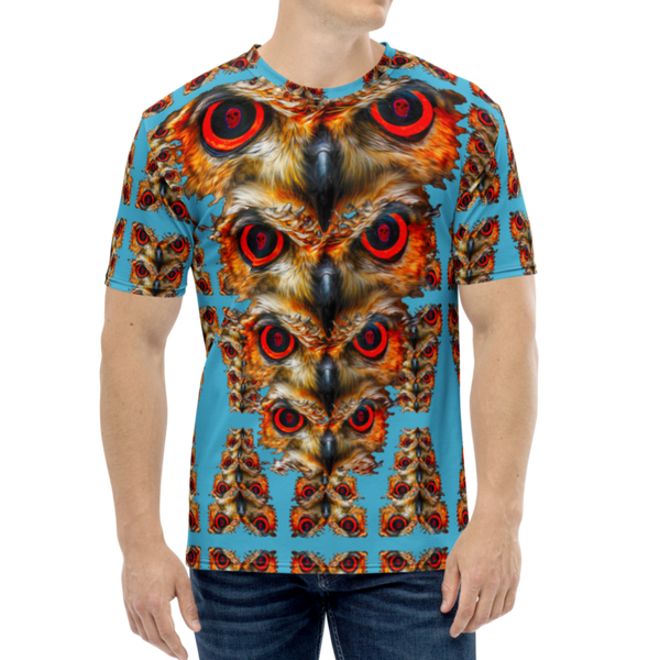 Owl Eyes See Skull  Totem on Blue  AOP T-shirt - SkySkull Art